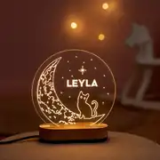 Kişiye Özel Ay ve Kedi Figürlü LED Gece Lambası – Çocuk Odası Işıklı İsimli Lamba 3