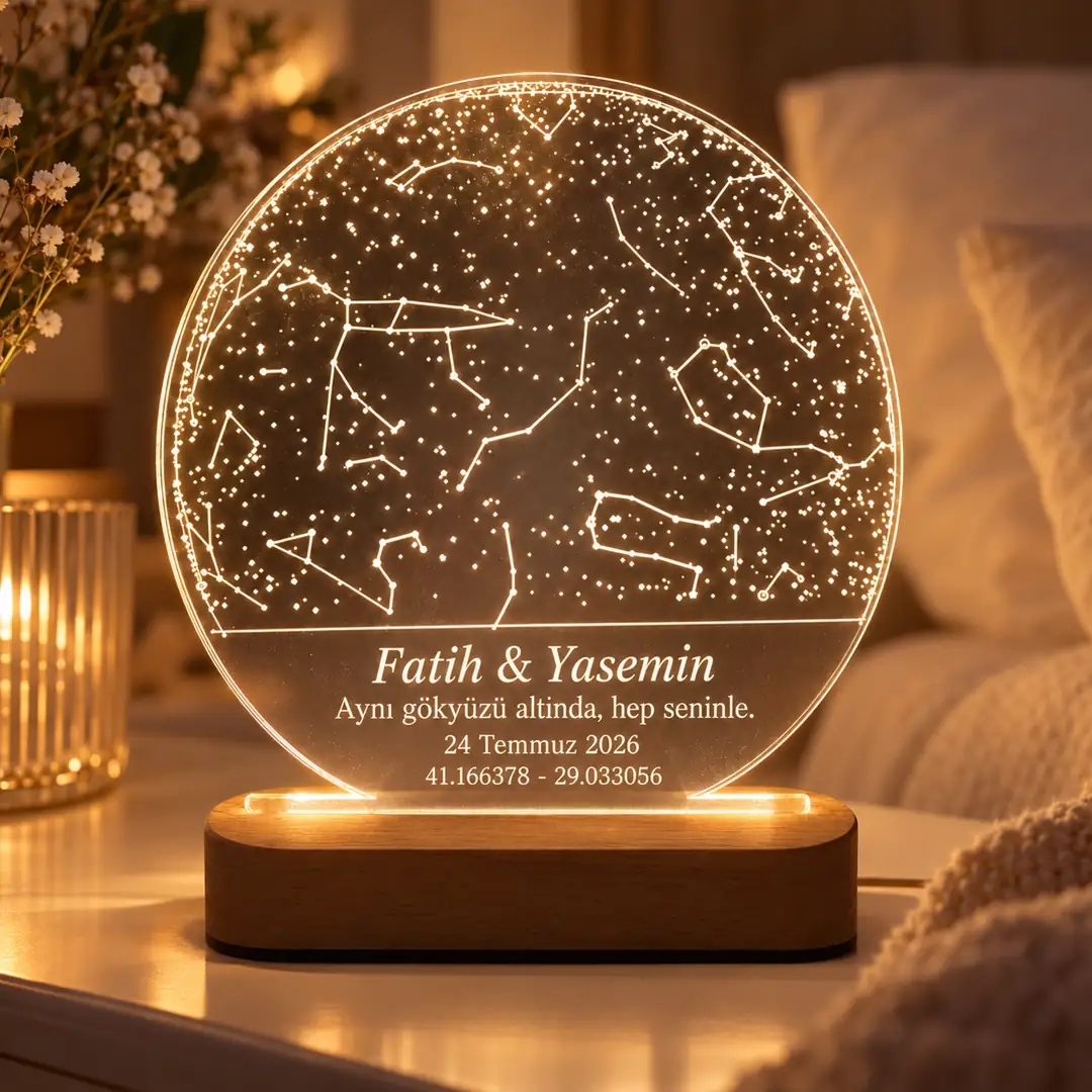 Yıldız Haritası Gece Lambası – Sevgiliye & Eşe Hediye